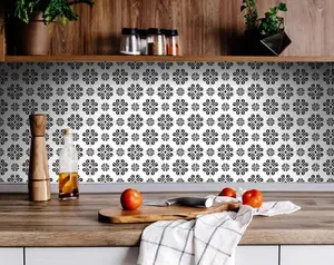 360 stand 24-Piece 5x5 in. Modern Square Black & White Daisy Print Peel & Stick Removable Decorative Tiles Stickers, for Kitchen & Room Home Decor, Kitchen Counter, Bathroom