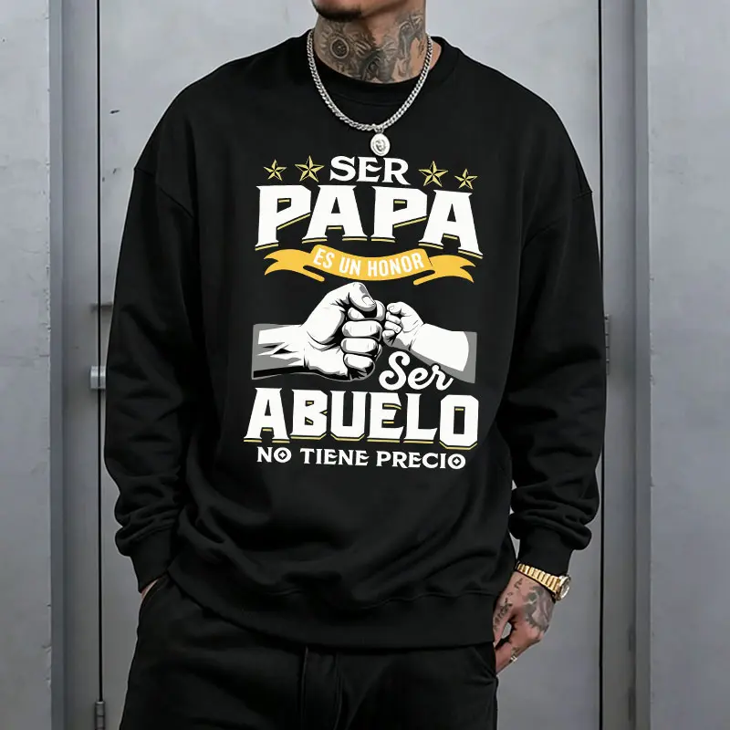 Menswear Stylish Casual Spanish-Themed Letter Print Loose-Fit Polyester Blend Round Neck Long Sleeve Crewneck Sweatshirt, Father’s Day Gift 【Runs Small, Order 1 Size Up】
