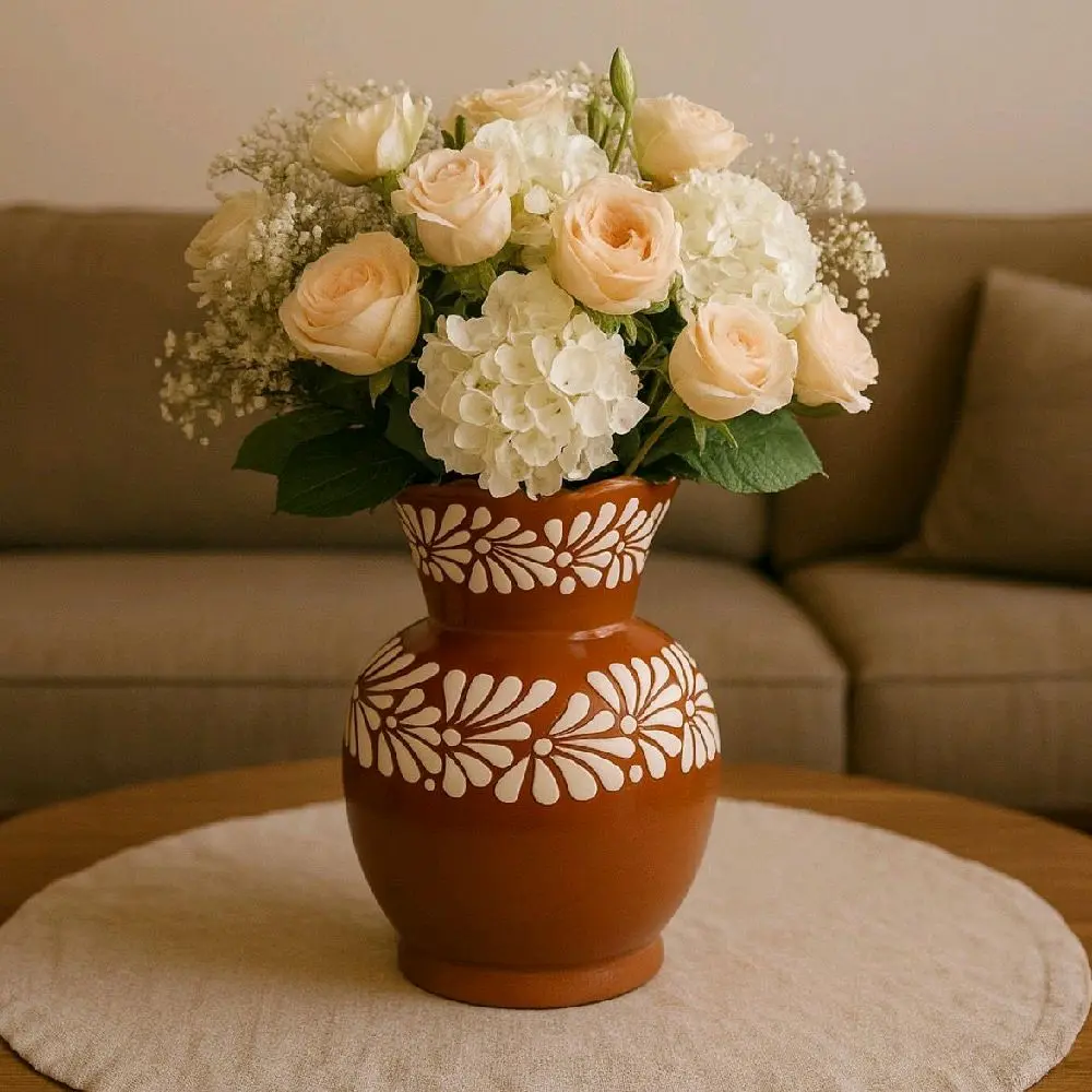 Handmade Talavera Flower Vase | Brown & White