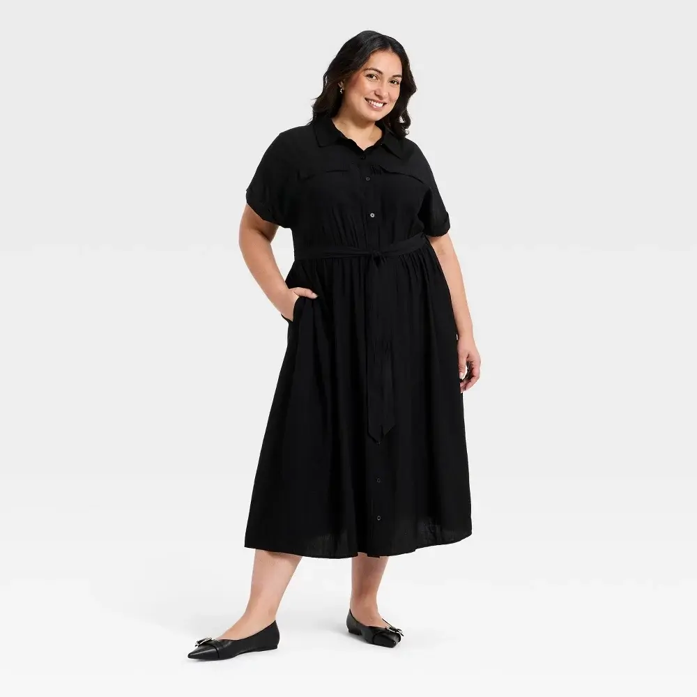 Women's Short Sleeve Tie-Front Midi Shirtdress - Ava & Viv, Elegant, Lightweight, Nylon-Rayon Blend, With Pocket