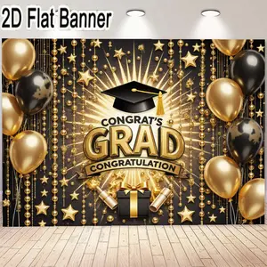 banner, Backdrop Picture, 1pcGraduation Banner - Congrats Grad Decorations for Graduation Party Black and Gold Celebration Banners with Graduation Cap Gift Box Theme Party Supplies Background Decoration Festive Sign