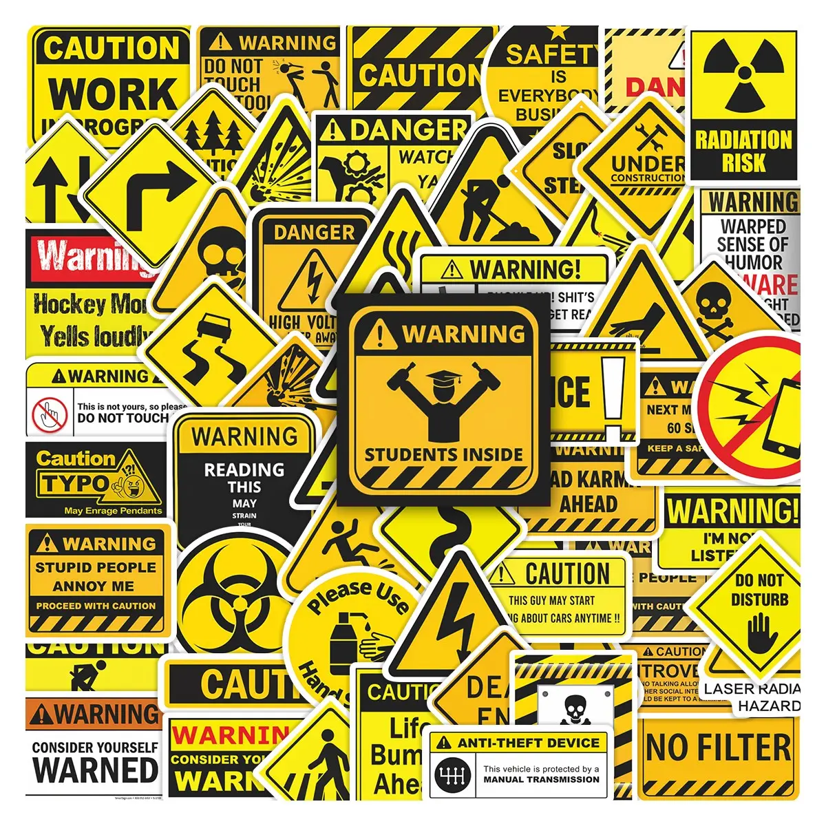 60pcs Funny Warning Sign Stickers Pack, Waterproof Industrial Caution Humorous Safety Sign Decals for Laptop, Water Bottle, Journal & Scrapbook, Prank & Industrial Style Lover Gift, Crafts