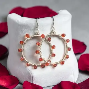Watermelon Red Silver Plated Copper Wire Wrapped Hoops with Orange Beads for Women's Fashion Jewelry