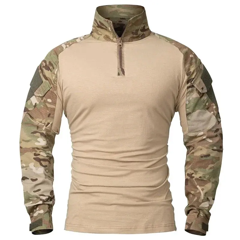 Outdoor Long Sleeve Tactical Shirts Combat Shirt 1/4 Zipper Ripstop Cotton Wear-Resisting Camo Airsoft T Shirts Men Clothing