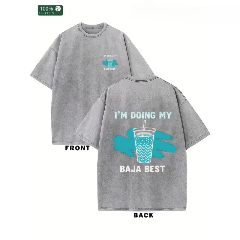 Unisex Short-Sleeve Round Neck T-Shirt - 2000 Retro Sports Top, Washed Vintage Baja Blast Graphic, "I’m Doing My Baja Best" Slogan, Casual Streetwear Tops for Women, Shortsleeve