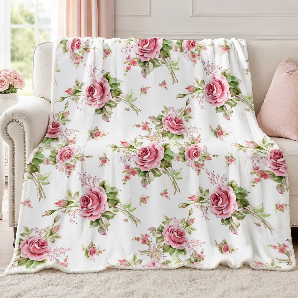 Vintage Watercolor Pink Rose Floral Soft Cozy Flannel Blanket - Romantic Botanical Flower White Background Warm Fuzzy Plush Throw, Perfect Birthday Mother's Day Gift for Women Mom Bedroom Sofa Home Decor
