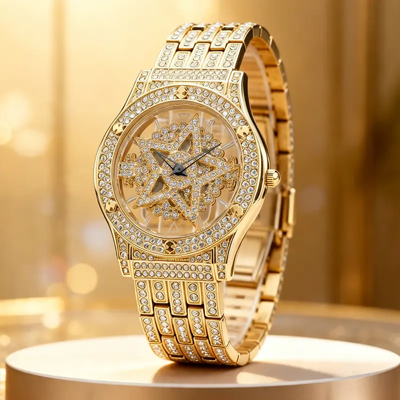 Luxury Watches For Ladies And Gentlemen Luxury Round Dial Diamond-Encrusted With Rotating Star Design Quartz Watch - Fashionable Sparkling & Versatile Timeless Classic Design With Adjustment Tool Birthday Gifts