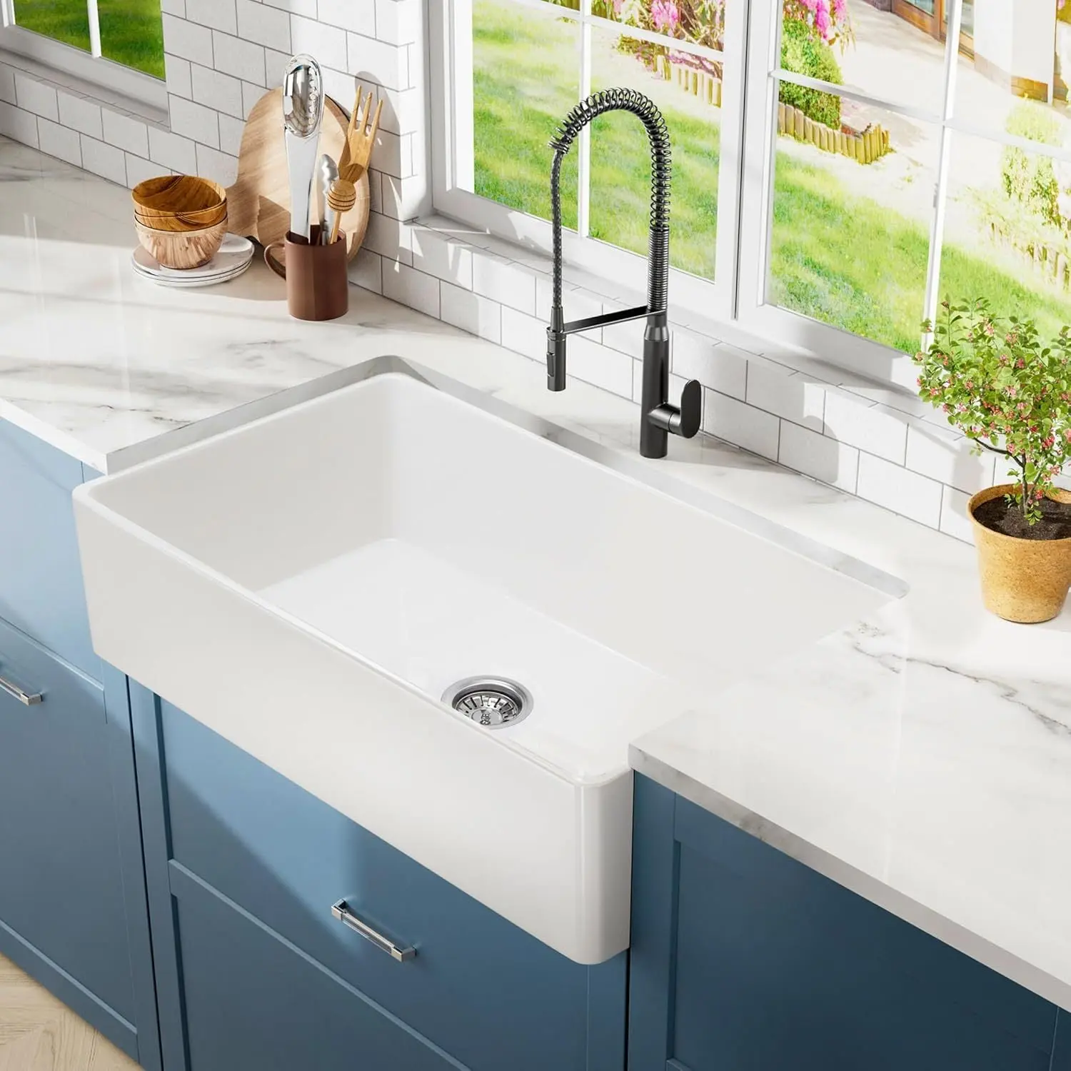33 inch White Farmhouse Sink, Fireclay Apron Front Farm Kitchen Sinks Farmhouse Ceramic Porcelain Single Bowl Deep Large Capacity Kitchen Sink with Stainless Steel Grid and Strainer