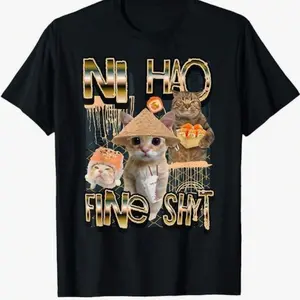 Ni Hao Fine Shyt Funny Brainrot Gen Z Meme T-Shirt, Cotton Unisex Graphic T Shirt Casual Heart Print T-Shirt Top Womenswear Cartoon T-shirt