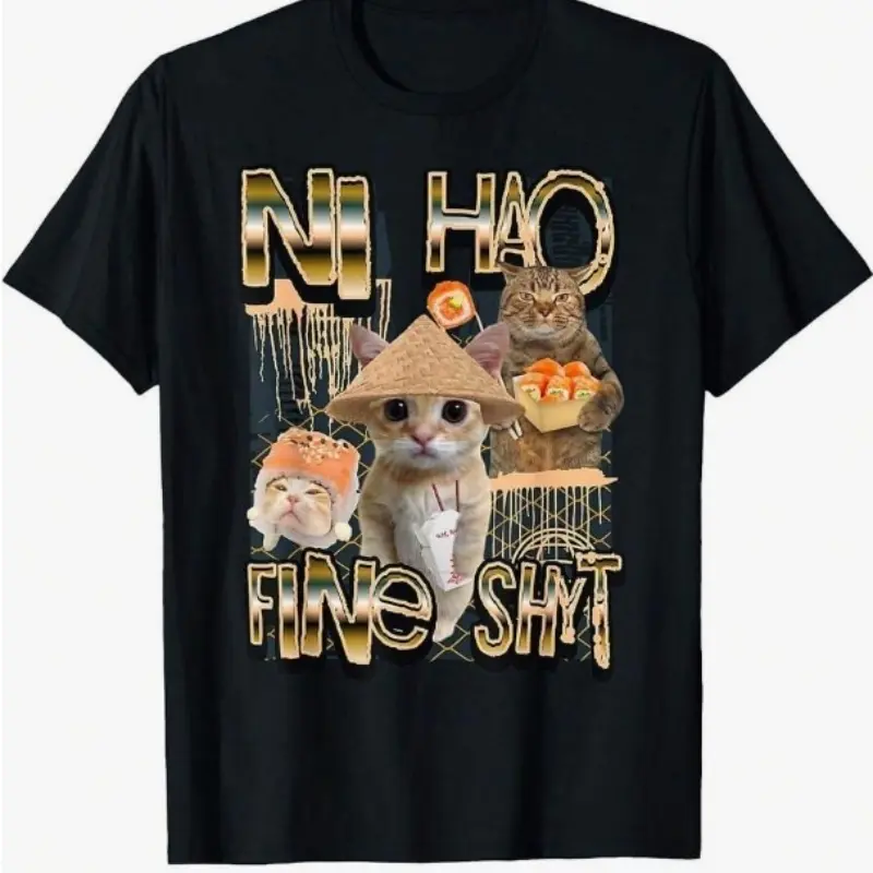 Ni Hao Fine Shyt Funny Brainrot Gen Z Meme T-Shirt,  Unisex Graphic T Shirt Casual Heart Print T-Shirt Top Womenswear Cartoon T-shirt