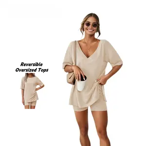 V-neck Two-Piece Pajama Set For Women Summer Casual Oversized Split Hem Shirts & Biker Shorts Minimalist Lounge Wear Soft Homewear Cozy Pjs Clothes Comfy