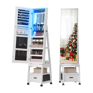【GARVEE】360° Swivel Jewelry Cabinet with LED Lights,Inside Makeup Mirror,Rotatable Full Length Mirror with Jewelry Storage,Lockable Standing Jewelry Armoire Organizer with Drawer and Wheels (White)