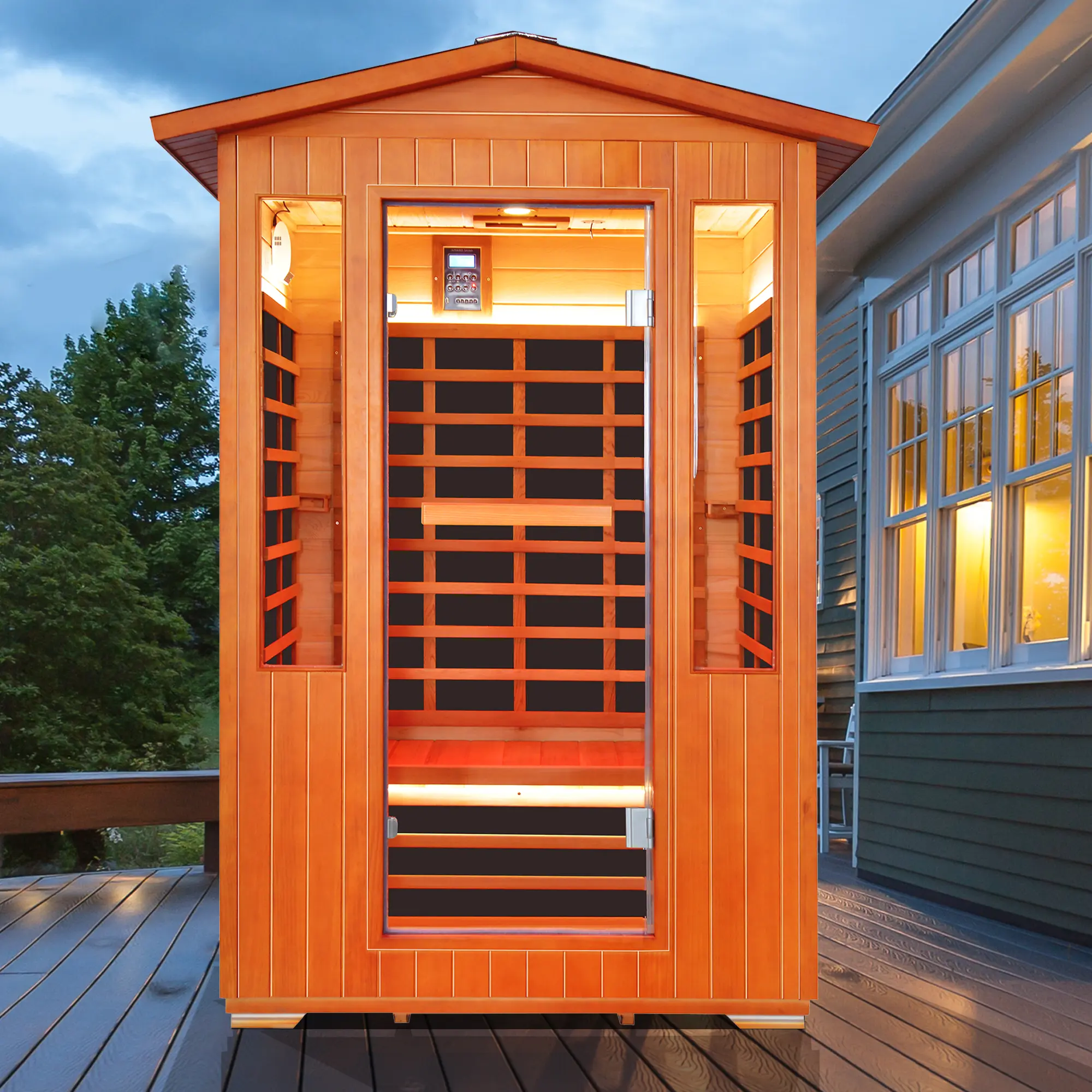 2-Person Outdoor Sauna Room with Bluetooth Speakers and LED Lights, American White Oak Color, 2000W, 8 Heating Plates, Fir and Red Cedar Wood, Dry Sauna for Home Relaxation and Wellness