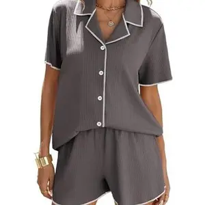 Ekouaer Women's 2-Piece Ribbed Breathable Polyester Button-Down Shortsleeve Pajama Set - Cute Elegant Knit Fabric Loungewear for Outdoor Relaxation