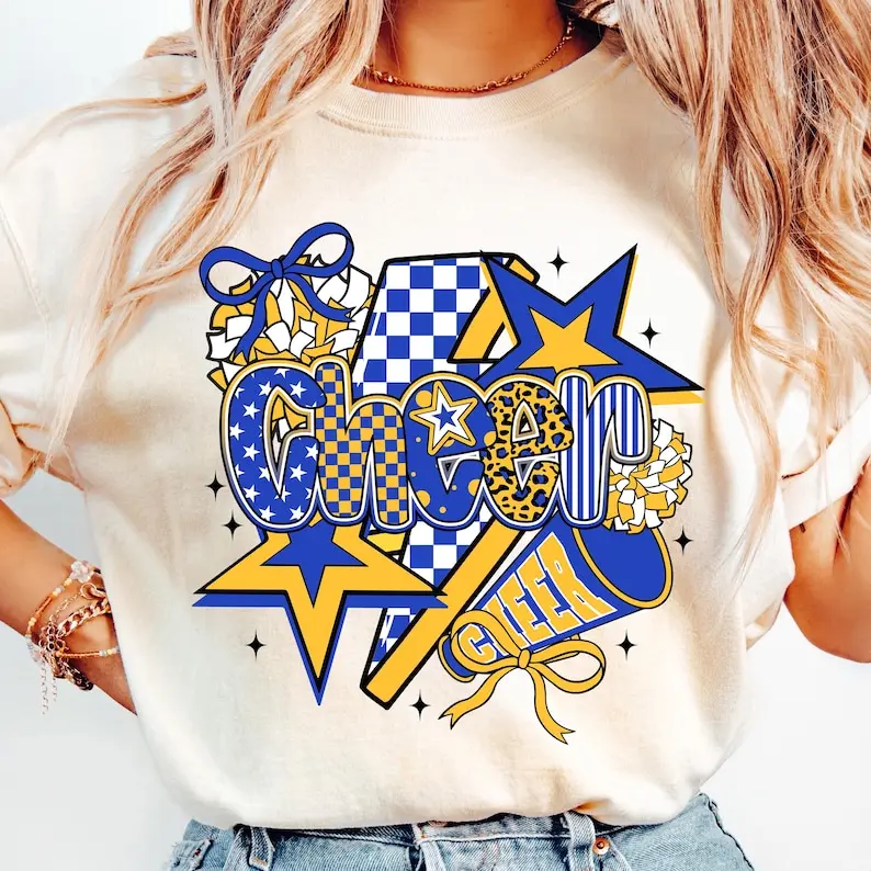 Cheer T-Shirt, Preppy Cheer Mom Shirt , Leopard Checkered Cheerleader Coquette T-Shirt