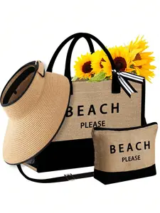 Women's beach handbag set, including "BEACH" canvas bag, women's khaki wave beach sun hat, handbag, cosmetic bag, large brim sun hat, bow outdoor travel hat, suitable for spring and summer beach use, adjustable, Summer bags