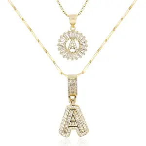 2 Pack 14K Gold Plated 3D Bubble Initial Letter Pendant Necklace Set, Iced Out Cubic Zirconia Adjustable Stackable Chain, Unisex Hip Hop Y2K Personalized Jewelry Gift for Men Women Birthday Valentine’s Day wed