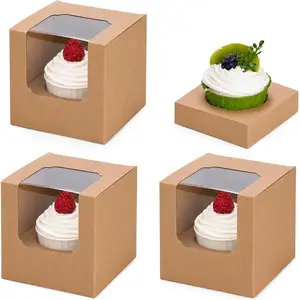 NPLUX 25 Pcs Cupcake Boxes Individual Cupcake Containers Pre-Assembled Single Cupcake Boxes 3.5"x3.5"x3.5" with 25 Pcs Inserts for Cupcakes Muffins Party Favors(Brown)