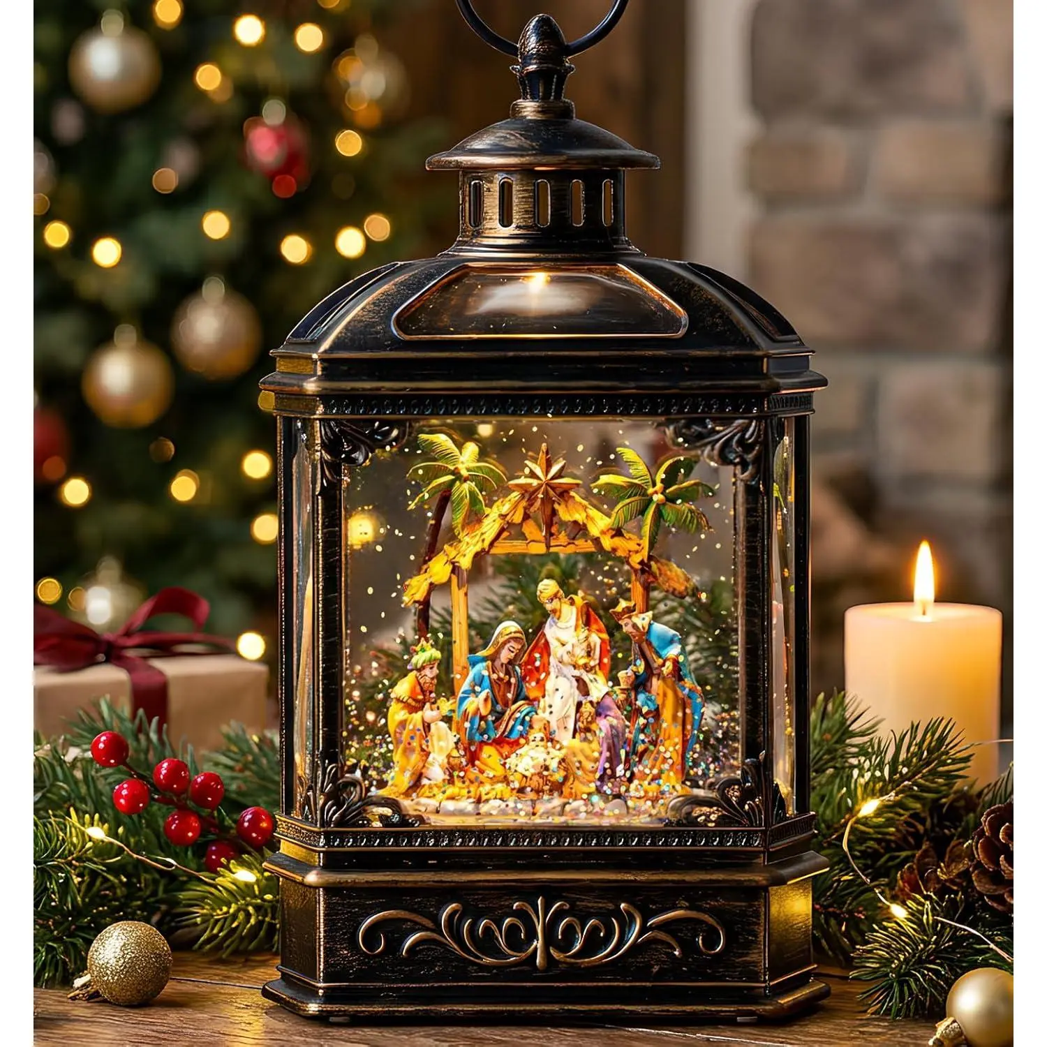 Christmas Snow Globe Swirling Glittering Nativity Scene with Music, USB Lined/Battery Operated Lighted Water Lantern for Christmas Festival Decoration Gifts