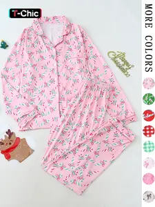 【Christmas Pajamas】Two-Piece Set Women's Candy Bow Print Button Front Lapel Shirt & Pants Pyjama, Casual Comfy Long Sleeve Collared Pocket Top & Trousers Pj Set, Women's Sleepwear for Fall, Lady