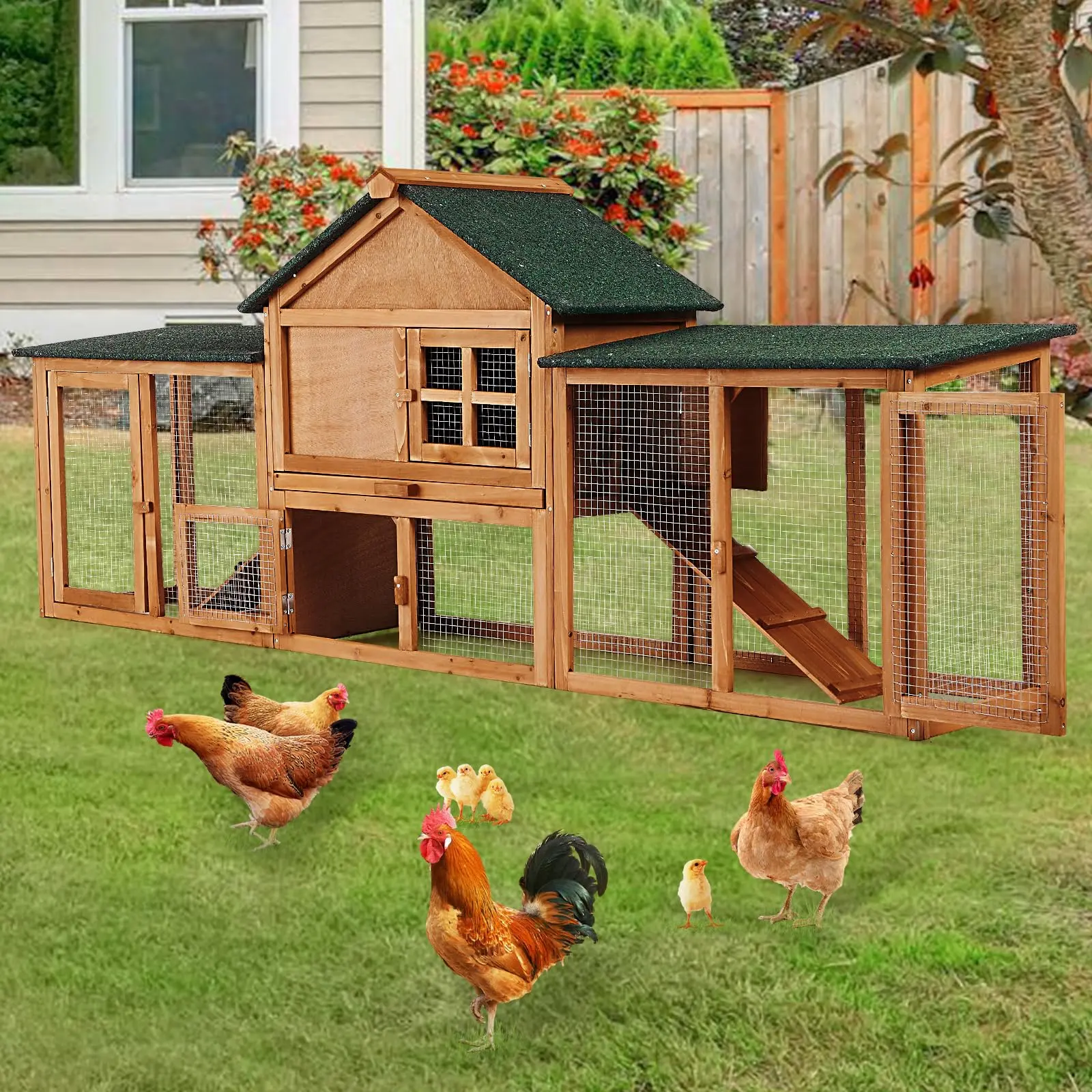 GARVEE 80in Wooden Rabbit Hutch, Outdoor Chicken Coop Enclosure with Double-Side Runs, Weatherproof Roof, Removable Tray, Ramps for Small Animals (Bunnies, Guinea Pigs)