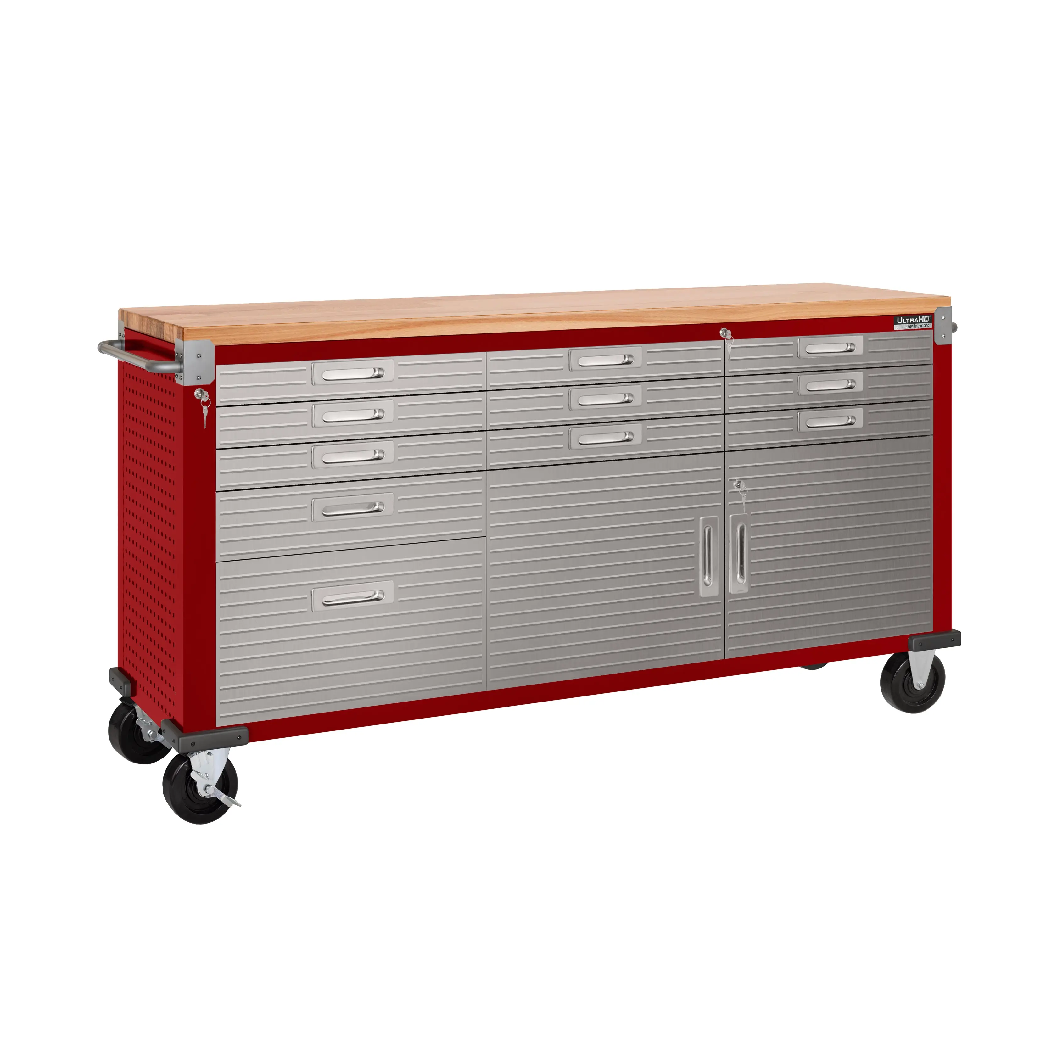 UltraHD® Heavy Duty Rectangular 11-Drawer Rolling Workbench with Lockable Tool Storage, Locking Locks, Magnetic Latches, Push Bars, Red (Requires Assembly Noted)