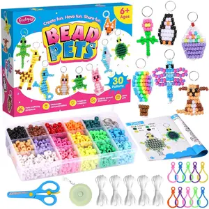 Beads for Crafts, Pony Beads Keychain Making Kit, Bead Pets Art Crafts for Kids Beginners, Birthday Party DIY Craft for Girls Boys (1500 Bead, 30 Designs)