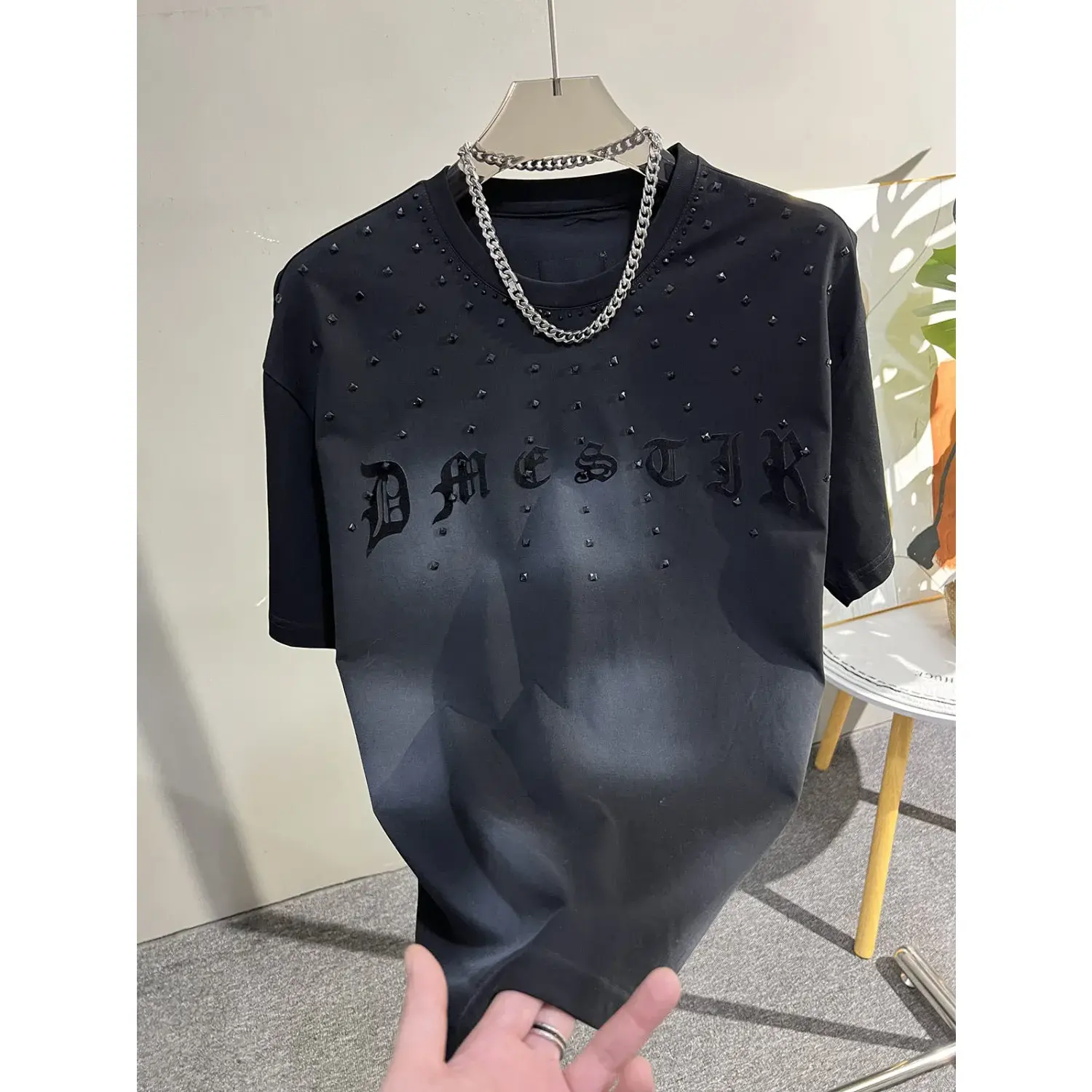 2025 New Men's Rhinestone Tribal Graphic Cotton T-Shirt - Fashion Light Luxury Brand, Round Neck, Short-Sleeve, Hot Drilling Accents, Polyester-Blend Casual Top, Rhinestones