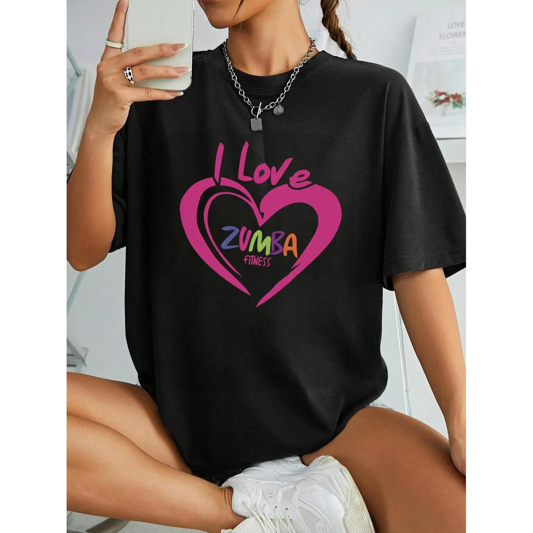 Women's I Love Zumba Graphic Print Short Sleeve T-Shirt -  Loose Fit Casual Sport Top, Breathable 180gsm Fabric for Gym, Daily Wear & Outdoor Activities, Machine Washable