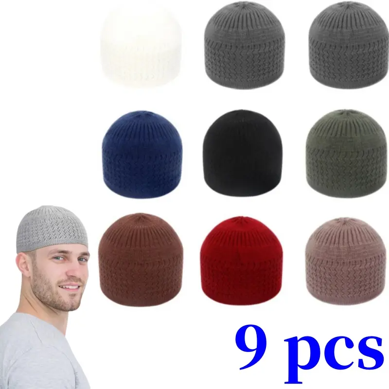 Unisex Hand-Crocheted Brimless Hats (9 Pcs) - 7.9in Diameter, Mixed Fabric, Breathable Hollow-Out Design, Traditional Colors, Suitable for Muslim Prayer, Traveling, Cycling, Gifting for Family, Friends