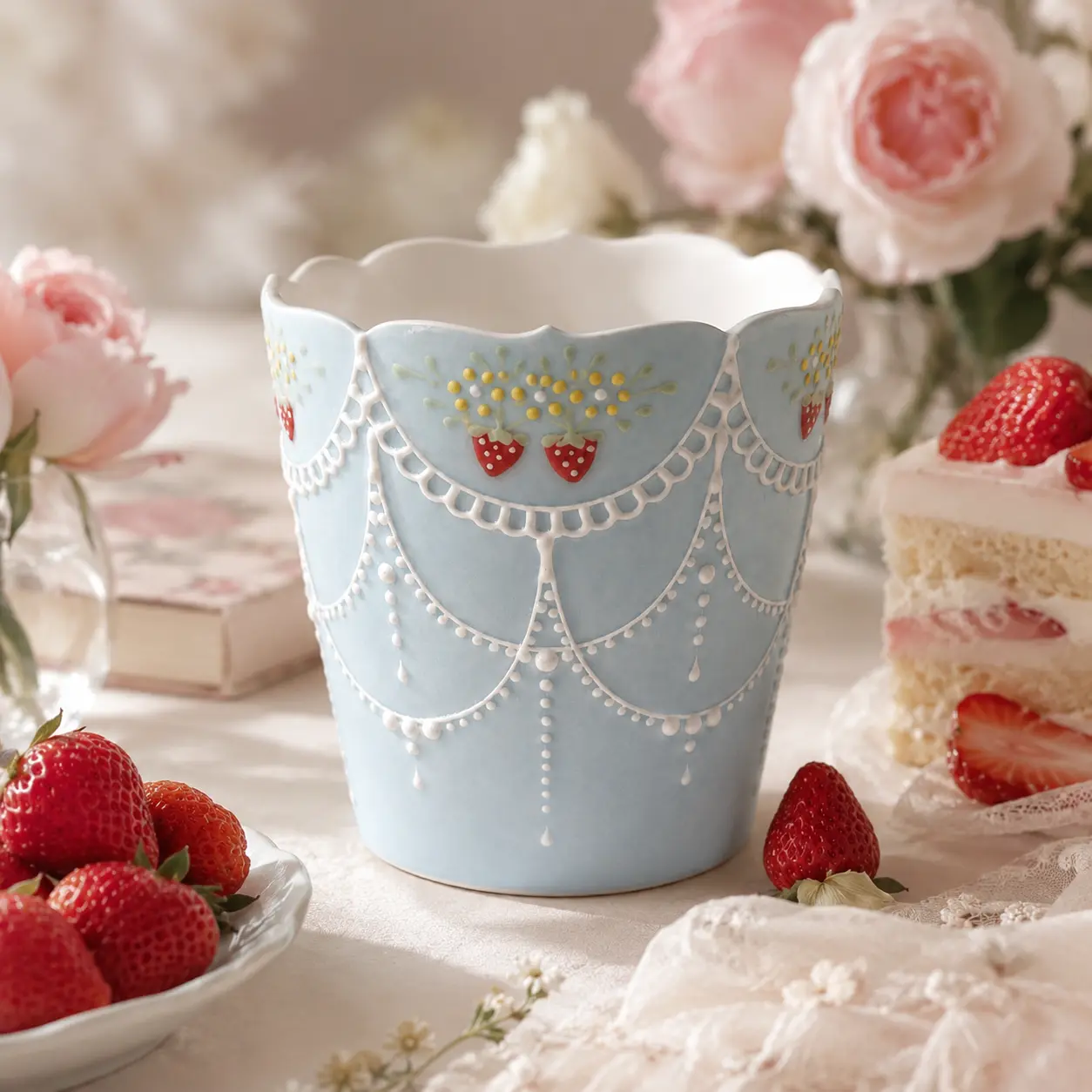 Handmade Strawberry Ceramic Coffee Cup, Pastel Blue Scalloped Rim Mug, 3D Raised Relief Cottagecore Tea Cup, Cute Aesthetic Latte Cup, Gift for Her