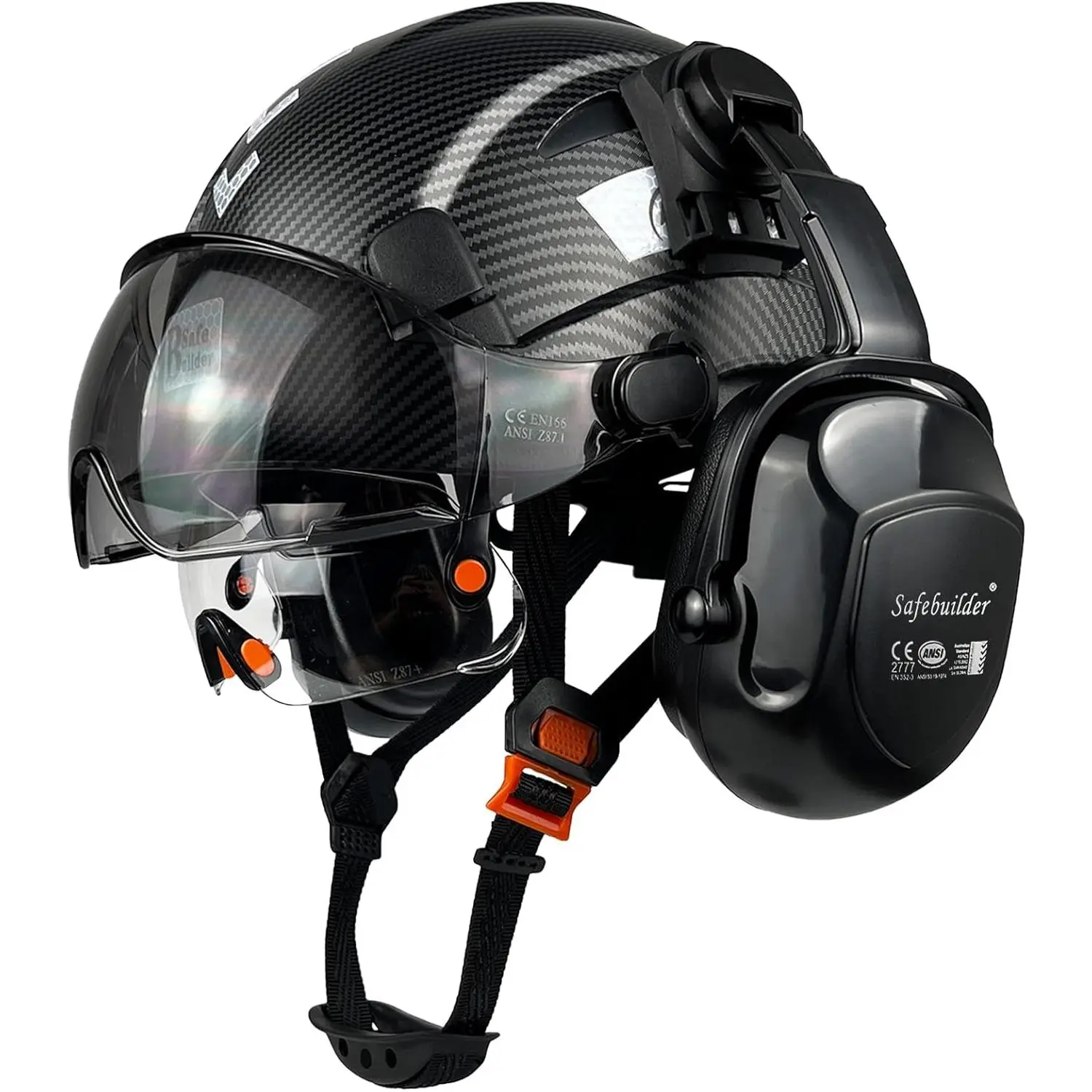 Industrial Safety Helmet with Visor and Ear Muffs, 6-Point Suspension Vented Hard Hat, ABS Construction Work Head Protection, Adjustable Full Brim Hardhat with Clear & Tinted Visors for Hearing & Eye Safety