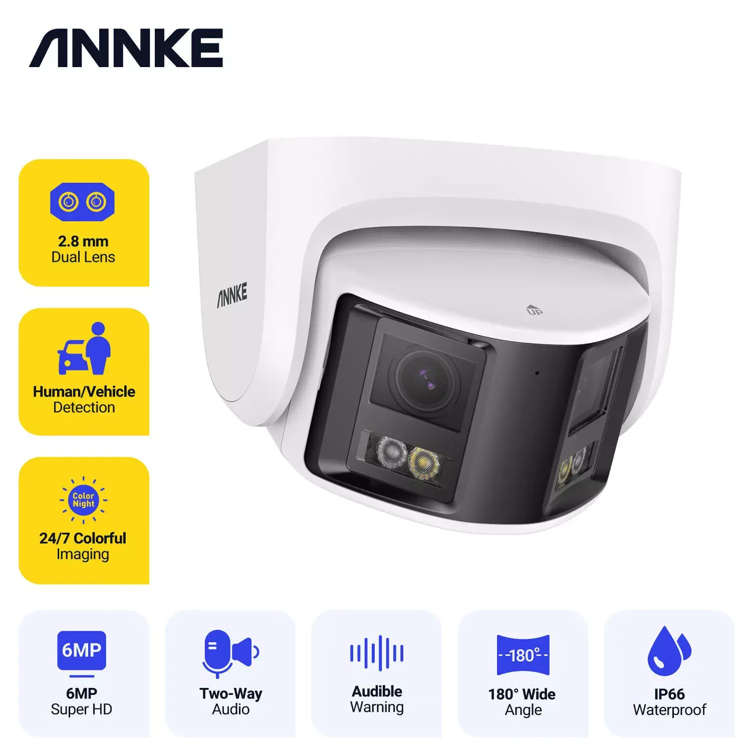 ANNKE Panoramic 6MP Outdoor PoE Dual Lens Turret Security Camera, Color Night Vision, Human & Vehicle Detection, christmas gifts Waterproof Wireless