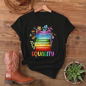 Women's LGBT Gay Pride Equality T-Shirt |   Rainbow Books & Floral Graphic Tee |   Inclusion and Diversity Short Sleeve Crew Neck Summer Top camographic