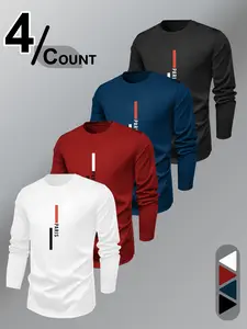 City Style Four-Piece Set, Paris Print Casual Long Sleeve T-Shirt, Trendy Multi-Color Combo Pack, Fall Fashion, Fitted Fit