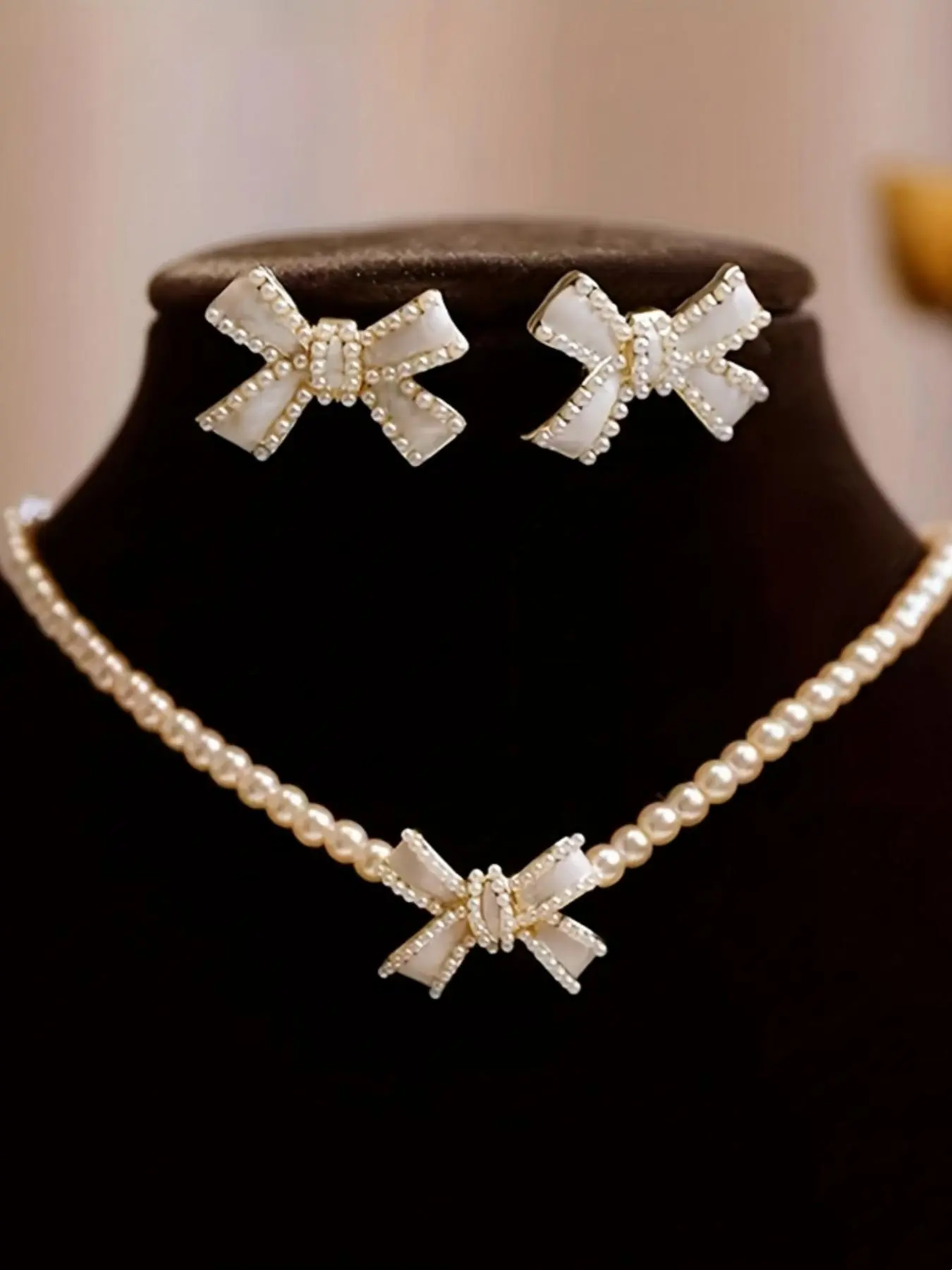 Faux Pearl Decorated Bowknot Design Necklace & Earrings, Fashion Jewelry for Party, Daily Clothing Decor, Fashionable Jewelry Set, Trendy All-match & Exquisite Jewelry for Birthday Gift, Elegant Matching Jewelry Set