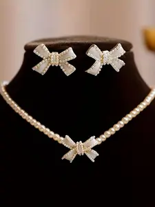 Faux Pearl Decorated Bowknot Design Necklace & Earrings, Fashion Jewelry for Party, Daily Clothing Decor, Trendy All-match & Exquisite Jewelry for Birthday Gift, Elegant Matching Jewelry Set