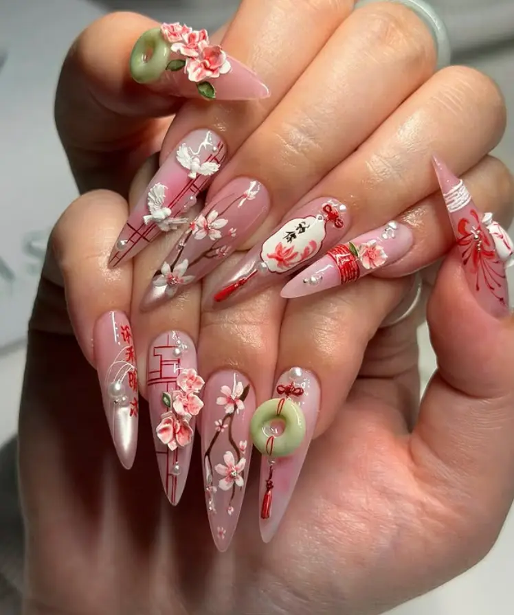 Traditional Asian Fairycore Press On Nails | Long Pink Stiletto Fake Nails with 3D Cherry Blossoms, Jade Rings & White Cranes | Luxury Y2K Reusable False Nails | Floral Spring Manicure Set
