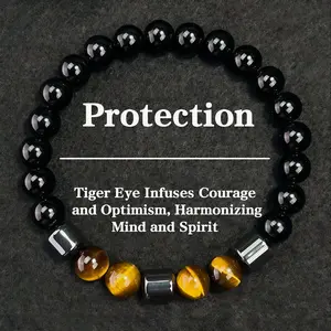 Men'S Black Protection Bracelet |   Tiger Eye and Hematite for Courage and Optimism, Yoga Jewelry, Suitable for Daily Wear and All-Season Accessory