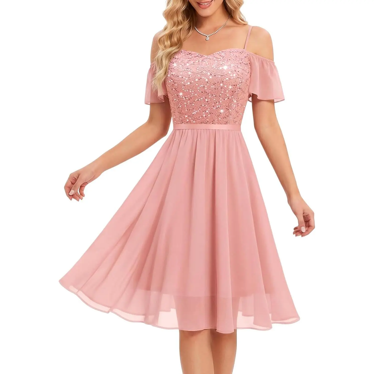 MUADRESS Women's Bridesmaid Wedding Guest Dress 2026 Sparkly Lace Cocktail Prom Party Dresses for Teens Spaghetti Strap