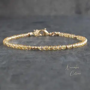 Natural Citrine Stone Bracelet 2mm Yellow Crystal Dainty Bracelet Delicate Faceted Gemstone Beaded Bracelet Anklet Minimalist Style for Women Handmade Adjustable