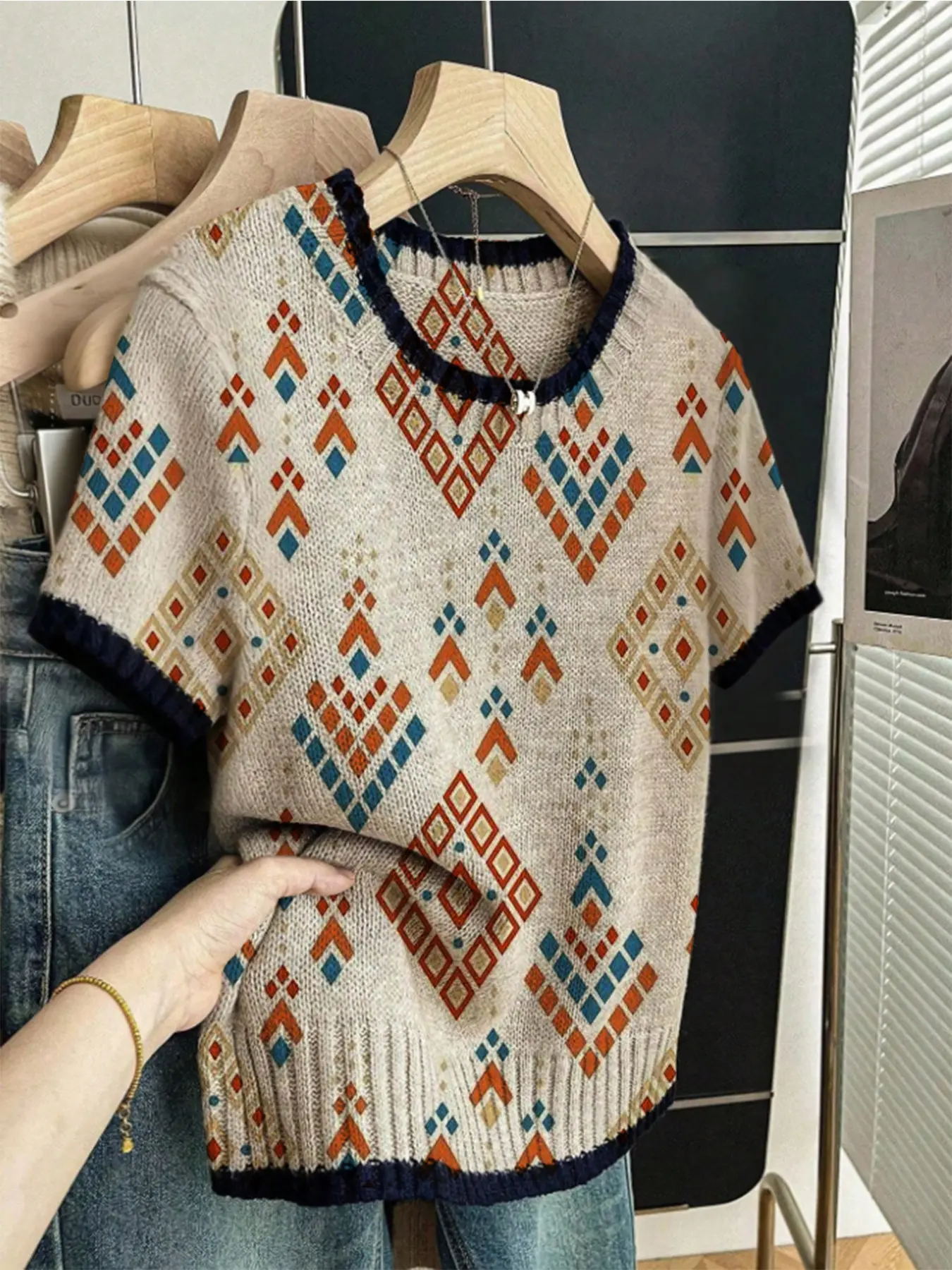 Women's Vintage Casual Geometric Ethnic Diamond Print Round Neck Sweater, Spring Summer Fall Knitwear, Comfortable Warm Daily Wear