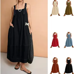 Yeokou Women's Barrel Midi Dress Sleeveless Strappy Maxi Dress with Big Pockets & Adjustable Straps Minimalist Basic Casual Fall Dress