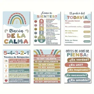2D flat 6pcs Frameless Spanish - Language Mindfulness Wall Art Posters, 8x10inch Decor for Classroom Calm Corner, Artistic Prints of Emotion Guides Relaxation Tips, Colorful Educational Aesthetic