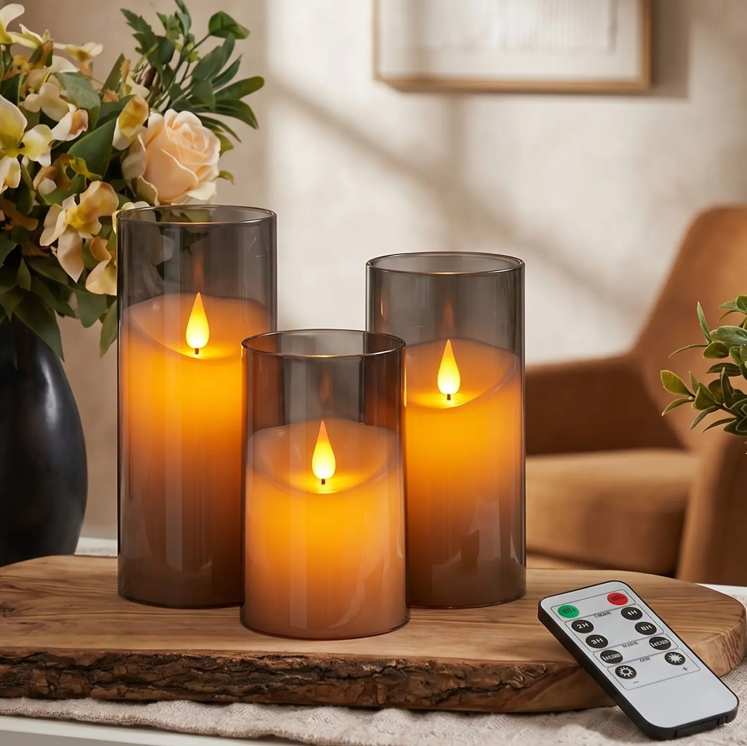 3PCS Gray Flameless LED Pillar Candles - Battery Operated Acrylic, Remote Control Timer, Realistic Flickering Effects, Unbreakable Shells, Home Decor Light, LED Lights, Auto Shut-Off, Durable & Safe, Kids-Safe Halloween Festive Decor, Decorative Night Lig