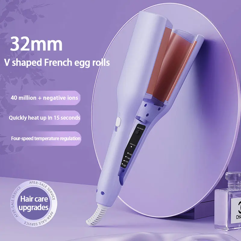 Wavy Chic French Wave Curling Iron 32MM V-Shaped 4-Speed Temperature Adjustment Lightweight Purple Hair Styling Tool Versatile Negative Ions Hair Curlers Hair Styler Wavy Hairstyle Hairwaver