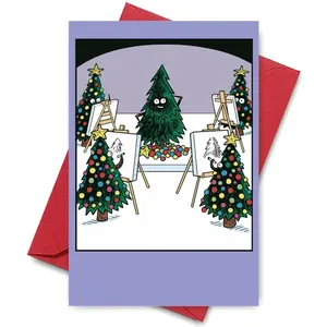 Christmas cards featuring a Christmas tree stripped of gifts and decorations serving as a model for a sketch; funny cards perfect for sending to your friends. Fun Party Cards