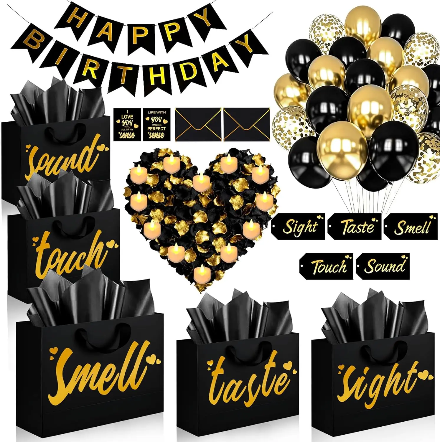 Durable 5 Senses Gift Bags Set with Gold-Black Print Labels, Festive Party Supplies Kit Including Tissue Paper, Rose Petals, Happy Birthday Banner, Balloons for Boyfriend, Husband Birthday Decoration