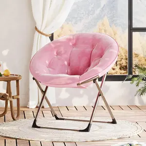 Comfy Oversized Saucer Chair, Soft Faux Fur Folding Moon Chair, Thick Padded Reading Lounge Chair with Stable Metal Frame for Living Room, Dorm, Office