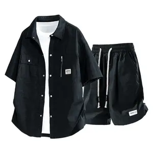 2026 Hot Style Detroit Short Sleeve Shirt + Shorts Two-Piece Set for Men American Retro Cleanfit Tie-Dye Workwear Short Sleeve Set